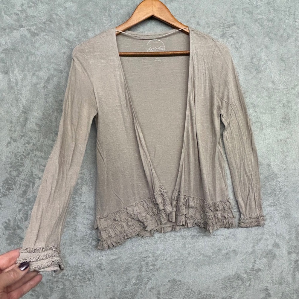 Lightweight Open Front Cardigan Tiered Ruffles Taupe Romantic Coquette Petite
